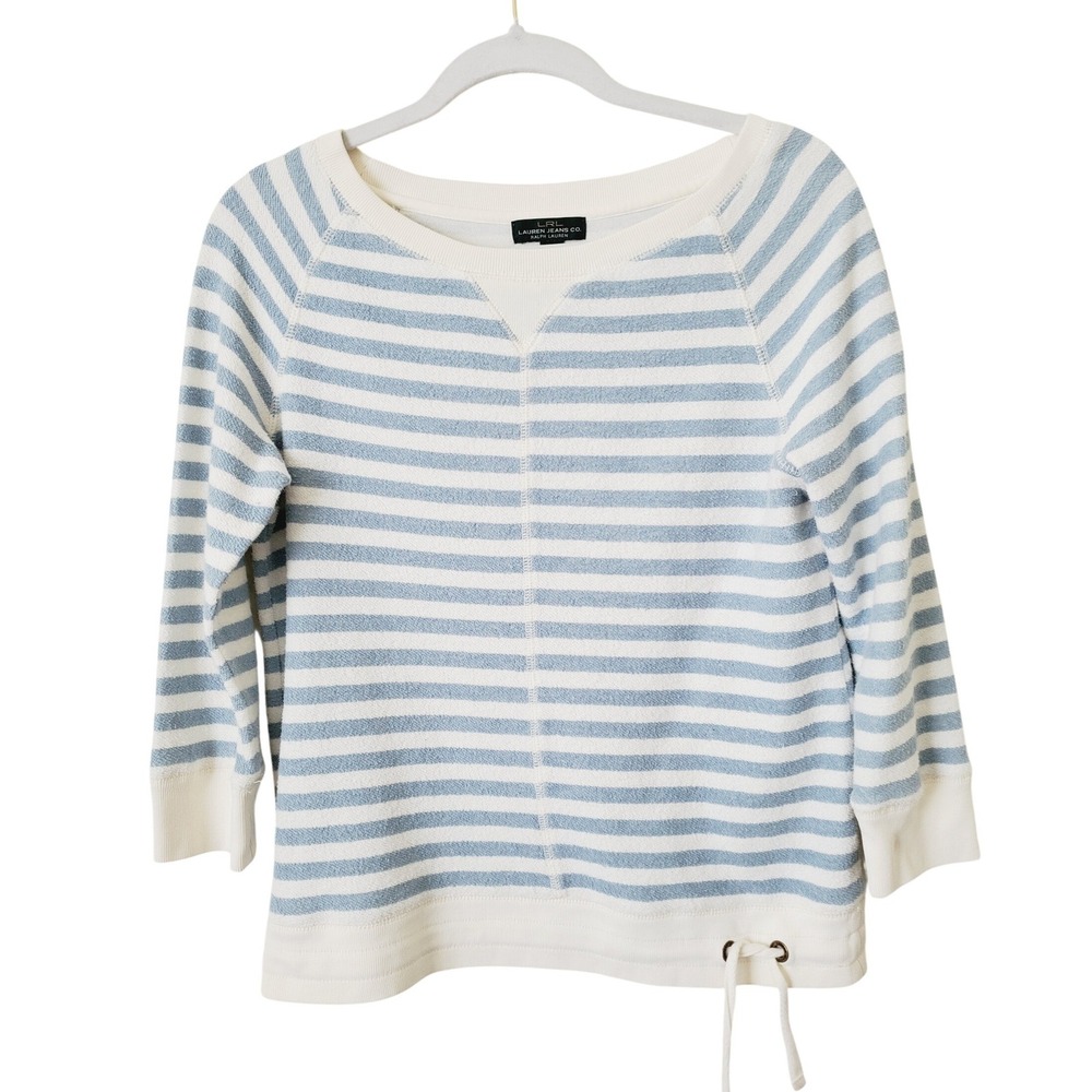 Lauren Ralph Lauren Striped French Terry Sweatshirt Blue White 3/4 Sleeve Small
